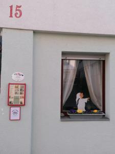 een venster met een beeldje op een vensterbank bij Großes Gästezimmer mit Kühlschrank in Marbach am Neckar