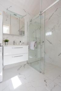 bagno con doccia in vetro e lavandino di Residence Mont-Blanc Poolhouse a Ginevra