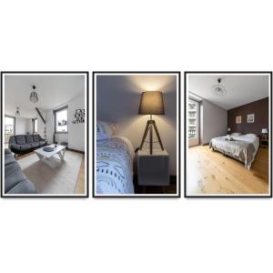 quatro fotografias de um quarto e uma sala de estar em Le Gramont - Grand appartement design, 3 chambres, Centre Ville em Vichy