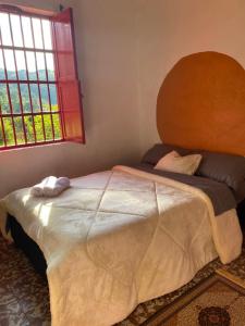 1 dormitorio con 1 cama grande y ventana grande en Habitación Caoba, en Girardota