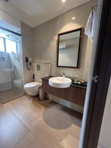 a bathroom with a sink and a toilet and a mirror at PRESIDENCY AIRPORT HOTEL in Cochin