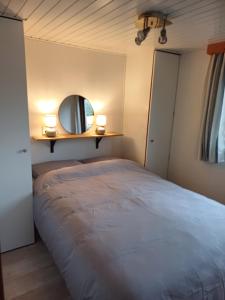 a bedroom with a large bed and a mirror at Vrijstaand chalet met veel buitenruimte en veranda in Zuid-Scharwoude