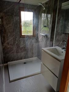 een badkamer met een wastafel, een douche en een wastafel bij Vrijstaand chalet met veel buitenruimte en veranda in Zuid-Scharwoude