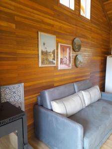 a blue couch in a room with wooden walls at Cabanas da Fazenda / 02 in Gramado