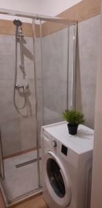 y baño con ducha y lavadora. en Sleepy3city Apartments 10 Lutego 23, en Gdynia