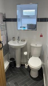 een badkamer met een wit toilet en een wastafel bij Quarry Cottage near Hawes, Yorkshire Dales, Pet free in Hawes