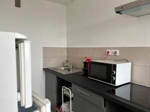 een kleine keuken met een magnetron en een wastafel bij Studio Pantin - 10min Paris/20min Stade de France in Pantin