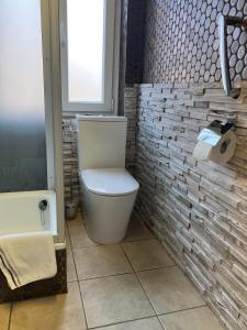 a bathroom with a toilet and a brick wall at Liebevoll auf Sylt in Tinnum