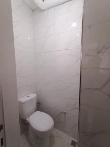 La salle de bains blanche est pourvue d'une douche et de toilettes. dans l'établissement Apart, à Istanbul