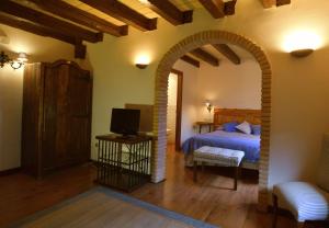 ein Schlafzimmer mit einem Torbogen mit einem Bett und einem TV in der Unterkunft Casa Rural de Legarda in Briñas