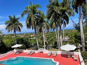 ein Resortpool mit Palmen und dem Meer in der Unterkunft The Lodge @ Peaceful Palms in Montego Bay