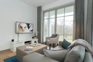 sala de estar con sofá y TV en moderne Ferienwohnung mit eigener Sauna und Balkon - Villa Pauline FeWo 06, en Göhren