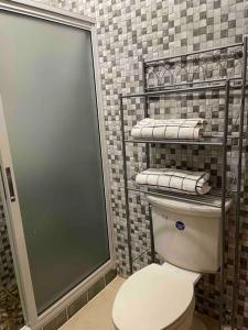 uma casa de banho com um WC e um chuveiro com toalhas em Villa Maat 5 minutes to Winnifred Beach em Port Antonio