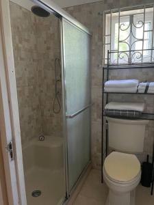 een badkamer met een douche, een toilet en handdoeken bij Villa Maat 5 minutes to Winnifred Beach in Port Antonio