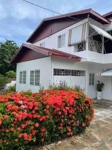 Uma casa branca com flores vermelhas à frente. em Villa Maat 5 minutes to Winnifred Beach em Port Antonio