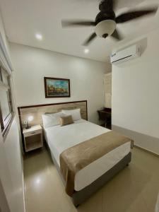 1 dormitorio con 1 cama y ventilador de techo en Hotel La Magdalena, en Cartagena de Indias