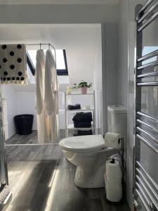 een witte badkamer met een toilet en een wastafel bij Santiago Suite 4 - A Beautiful Duplex Flat in Southport