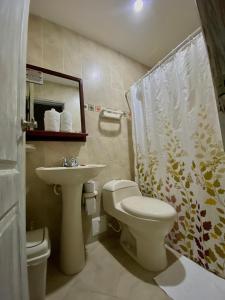 a bathroom with a sink and a toilet and a shower curtain at Hotel La Magdalena in Cartagena de Indias