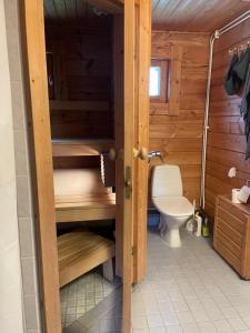 een badkamer met een toilet in een houten cabine bij Yllästölli 2 A, Äkäslompolo in Kolari