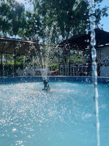 a fountain in the middle of a pool of water at Skopelos Inn in Stafylos