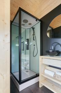 La salle de bains est pourvue d'une douche en verre et d'un lavabo. dans l'établissement Forestic Lietuva, 
