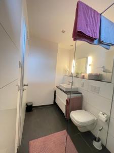 Deluxe Apartment mit Stil - Carport Stellplatz - Küche - NETFLIX في أولدنبورغ: حمام صغير مع مرحاض ومغسلة