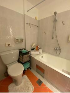 a bathroom with a toilet and a bath tub at Apartment Sunset am Wolfgangsee in Strobl +34 photos