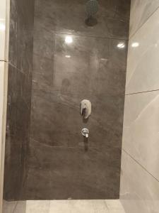 W łazience z kamienną ścianą znajduje się prysznic. w obiekcie Hotel Royal w mieście Rājpura