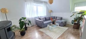 sala de estar con sofá y macetas en Refugium 2020, en Marienheide