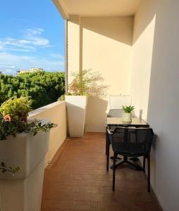 un tavolino e una sedia su un balcone con piante di Jane's Apartment Rental a Pisa