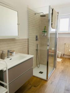 a bathroom with a shower and a white sink at Jane's Apartment Rental in Pisa