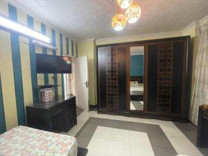 a room with a bedroom with a tv and a mirror at شقة مفروشة مدينة نصر in Cairo