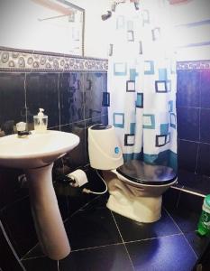 a bathroom with a toilet and a sink at Aparta Hotel Bella Vista in Choachí