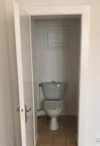 een badkamer met een wit toilet in een kamer bij Domaine La Bonne Dame I in Plainfaing