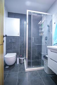 La salle de bains est pourvue d'une douche en verre et de toilettes. dans l'établissement Apartman Stelavi Zlatibor, à Zlatibor