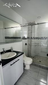 ein Bad mit einem WC, einem Waschbecken und einer Dusche in der Unterkunft APTO Panorama in Filandia