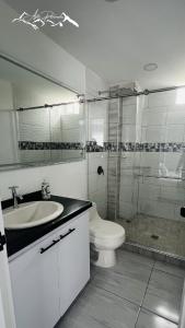 a bathroom with a toilet and a sink and a shower at APTO Panorama in Filandia +6 photos