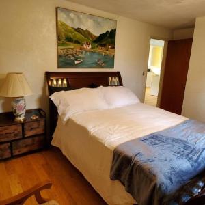 a bedroom with a bed and a painting on the wall at Sweet 2 bedroom close to U of Oregon & track! in Eugene