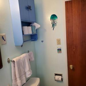 La salle de bains est pourvue de toilettes blanches et d'une armoire bleue. dans l'établissement Sweet 2 bedroom close to U of Oregon & track!, à Eugene