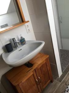 a bathroom with a white sink and a shower at Maisonette Wohnung am Hänferdorf in Bühl