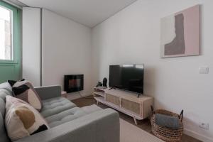 salon z kanapą i telewizorem z płaskim ekranem w obiekcie Mint Flat in Foz by the Douro w Porto