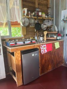 una cucina con piano di lavoro e piano cottura forno superiore di Ecovillalova a Camú