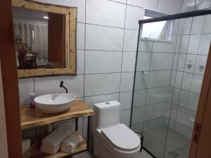 a bathroom with a toilet and a sink and a mirror at Hospedaria Mitterer in Treze Tílias
