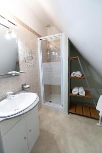 a bathroom with a white sink and a shower at Domaine des demoiselles - Chambres d'hôtes in Hauteville