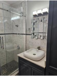オーチョ・リオスにあるSecret Hideawayのバスルーム(洗面台、ガラス張りのシャワー付)