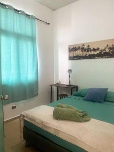 ein Schlafzimmer mit einem Bett und einem blauen Vorhang in der Unterkunft Luminoso y Acogedor Apto en Casco Viejo c/balcón in Panama-Stadt