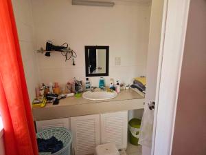 La salle de bains est pourvue d'un lavabo et d'un miroir. dans l'établissement 2rangi Beach Homestay at Mirimiri Spa, à Titikaweka