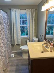 a bathroom with a sink and a toilet and a window at Cape Cod on Broad in Ashland