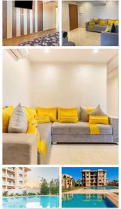eine Collage mit Fotos eines Wohnzimmers mit einer Couch in der Unterkunft Magnifique appartement Les perles de marrakech lux avec 2 piscines in Marrakesch