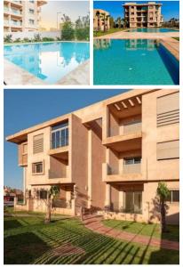 dos fotos de un edificio y una piscina en Magnifique appartement Les perles de marrakech lux avec 2 piscines, en Marrakech